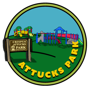 Illustrated button icon of Attucks Park featuring playground equipment